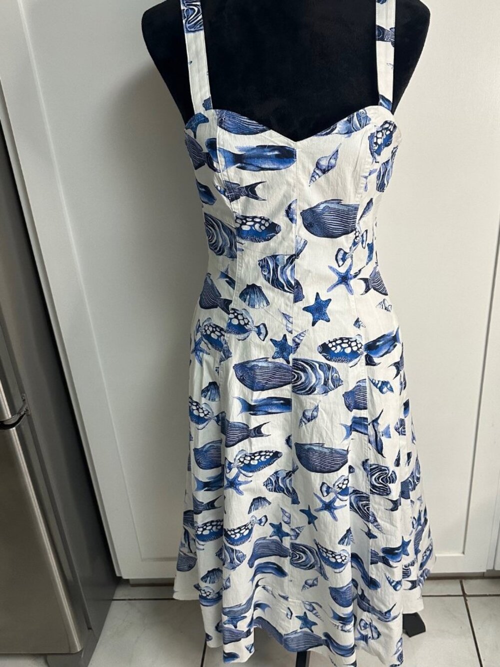 Avec Les Filles Summer Midi Dress Size 8 Seashore Print Navy and White Party
